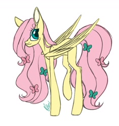 Size: 1280x1360 | Tagged: safe, artist:donnie-moon, fluttershy, pegasus, pony, eye clipping through hair, female, hair ornament, hair over one eye, looking at you, mare, simple background, smiling, solo, standing, three quarter view, white background, wings