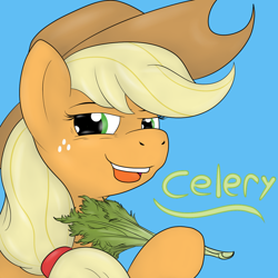 Size: 1200x1200 | Tagged: safe, artist:pavlovzdawg, applejack, earth pony, pony, blue background, celery, female, food, looking at you, mare, simple background, solo, text