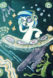 Size: 2736x4016 | Tagged: safe, artist:lytlethelemur, dj pon-3, vinyl scratch, pony, unicorn, female, glasses, headphones, mare, solo, traditional art, turntable