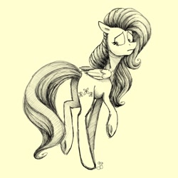 Size: 1280x1280 | Tagged: safe, artist:thegirlwithgoldenhairdrawstoo, fluttershy, pegasus, pony, female, floppy ears, frown, head turn, looking back, mare, monochrome, simple background, sketch, solo