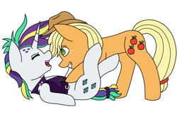 Size: 2740x1857 | Tagged: safe, artist:midnightamber, applejack, rarity, earth pony, pony, unicorn, alternate hairstyle, applejack's hat, belt, clothes, cowboy hat, cute, eyes closed, eyeshadow, female, freckles, hat, hoofy-kicks, jackabetes, jacket, leather jacket, lesbian, makeup, mare, mouth hold, on back, punk, raribetes, rarijack, raripunk, shipping, simple background, straw, tickle torture, tickling, white background