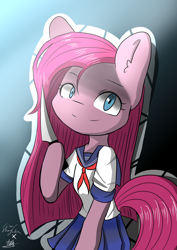 Size: 2480x3507 | Tagged: safe, artist:linlaifeng, pinkie pie, pony, cute, cuteamena, diapinkes, ear fluff, hoof hold, knife, pinkamena diane pie, sailor uniform, solo, yandere, yandere pie, yandere simulator