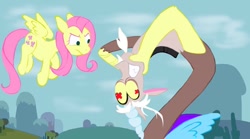 Size: 1024x568 | Tagged: safe, artist:sleepy--demon, discord, fluttershy, draconequus, pegasus, pony, keep calm and flutter on, cross-eyed, duo, female, flying, male, mare, scene interpretation, stare, the stare, wingding eyes