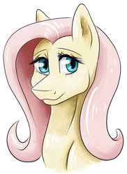 Size: 1140x1564 | Tagged: safe, artist:misssakura-senpai, edit, fluttershy, pegasus, pony, bust, commission example, cropped, female, looking at you, mare, simple background, smiling, solo, white background