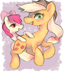 Size: 1300x1500 | Tagged: safe, artist:staticdragon1, apple bloom, applejack, earth pony, pony, blushing, bow, cowboy hat, duo, female, filly, hair bow, hat, mare, sisters, smiling