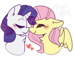 Size: 1017x786 | Tagged: safe, artist:skeleshibe, fluttershy, rarity, pegasus, pony, unicorn, blushing, bust, chest fluff, cute, ear fluff, eyes closed, female, flarity, floppy ears, gift art, heart, lesbian, mare, nuzzling, shipping, simple background, smiling, transparent background