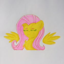 Size: 750x750 | Tagged: safe, artist:ksupav, fluttershy, pegasus, pony, bust, chest fluff, eyes closed, female, floating wings, mare, marker drawing, portrait, rcf community, simple background, smiling, solo, three quarter view, traditional art, wings