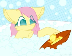 Size: 1008x792 | Tagged: safe, artist:pegacousinceles, fluttershy, pegasus, pony, bath, bubble, bubble bath, bust, cheek fluff, cute, duckling, eye clipping through hair, looking at something, paper boat, shyabetes, smiling, solo, stray strand, three quarter view, wet mane