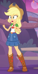 Size: 337x655 | Tagged: safe, screencap, applejack, better together, equestria girls, rollercoaster of friendship, belt, boots, clothes, cowboy boots, cowboy hat, cropped, denim skirt, female, freckles, geode of super strength, hat, skirt, stetson