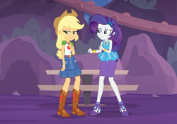 Size: 960x672 | Tagged: safe, screencap, applejack, rarity, better together, equestria girls, rollercoaster of friendship, belt, boots, clothes, cowboy boots, cowboy hat, cropped, denim skirt, female, freckles, geode of shielding, geode of super strength, hat, high heels, shoes, skirt, stetson