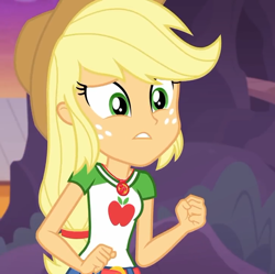 Size: 722x720 | Tagged: safe, screencap, applejack, better together, equestria girls, rollercoaster of friendship, clothes, cowboy hat, cropped, female, geode of super strength, hat, solo