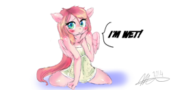 Size: 1280x678 | Tagged: safe, artist:mrscurlystyles, oc, oc only, oc:cherry, anthro, anthro oc, blushing, captain obvious, covering, cute, floppy ears, frown, kneeling, looking at you, ponified, present, solo, spread legs, towel, wet