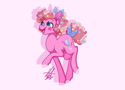 Size: 5000x3600 | Tagged: safe, artist:bubowl, part of a set, pinkie pie, earth pony, pony, alternate design, blushing, bow, candy, cutie mark, female, food, hair bow, mare, open mouth, raised hoof, redesign, simple background, solo, tail bow, white background, zoom layer