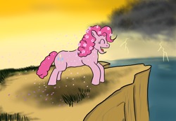 Size: 1300x900 | Tagged: safe, artist:horsesplease, pinkie pie, pony, cherry blossoms, cliff, dryad, flower, flower blossom, flower in hair, happy, laughing, ocean, paint tool sai, sakura pie, smiling, storm