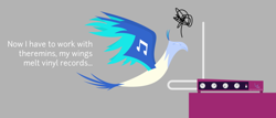 Size: 702x301 | Tagged: safe, artist:parclytaxel, dj pon-3, vinyl scratch, bird, phoenix, birdified, cropped, dialogue, female, flying, musical instrument, simple background, solo, species swap, theremin, transformation, transformed