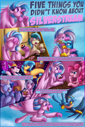 Size: 1339x2000 | Tagged: safe, artist:jamescorck, gallus, pinkie pie, princess skystar, queen novo, sandbar, silverstream, sky beak, earth pony, griffon, hippogriff, pony, series:five things you didn't know, my little pony: the movie, cousins, eating, female, flying, food, gallstream, hug, male, shipping, straight, sushi