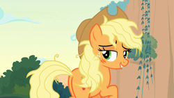 Size: 1920x1080 | Tagged: safe, screencap, applejack, earth pony, pony, sounds of silence, female, lidded eyes, looking back, mare, messy mane, plot, solo