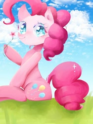 Size: 960x1280 | Tagged: safe, artist:naginiko, pinkie pie, earth pony, pony, cloud, colored pupils, cute, diapinkes, female, flower, heart eyes, hoof hold, mare, sitting, solo, wingding eyes