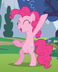 Size: 497x612 | Tagged: safe, screencap, pinkie pie, earth pony, pony, baby cakes, bipedal, cropped, eyes closed, female, hoof in air, mare, open mouth, raised hoof, smiling, solo