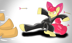 Size: 5000x3000 | Tagged: safe, artist:legiot18, apple bloom, applejack, earth pony, pony, arrow, black belt, black robe, black trousers, bow, clothes, fanart, gi, karate, karatebloom, ninja, robe, solo, trousers