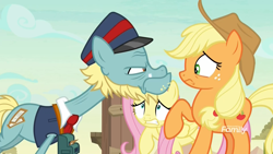 Size: 1920x1080 | Tagged: safe, screencap, applejack, fluttershy, earth pony, pegasus, pony, sounds of silence, beard, clothes, elderly, eye contact, facial hair, female, hat, looking at each other, loose tracks, male, mare, necktie, raised hoof, scared, scary face, shirt, sideburns, stallion, stare down, ticket, uniform, worried