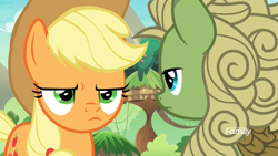 Size: 1920x1080 | Tagged: safe, screencap, applejack, forest fall, earth pony, kirin, pony, sounds of silence, annoyed, applejack is not amused, background kirin, discovery family logo, female, frown, frustrated, furrowed brow, male, mare, unamused