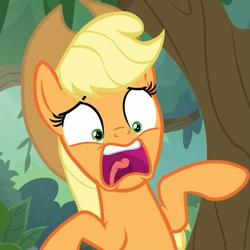 Size: 1079x1078 | Tagged: safe, screencap, applejack, earth pony, pony, sounds of silence, bipedal, cropped, female, mare, open mouth, panic, panic attack, scared, screaming, solo, terrified