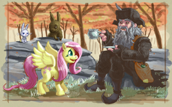 Size: 900x563 | Tagged: safe, artist:thegrandhero, angel bunny, fluttershy, pegasus, pony, rabbit, animal, crossover, forest, middle earth, radagast, radagast the brown, tree