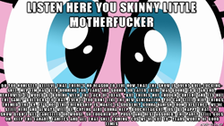 Size: 610x343 | Tagged: safe, pinkie pie, earth pony, pony, season 9, spoiler:s09, close-up, eye, eyes, female, looking at you, mare, ponk, solo, text for breezies, tl;dr, vulgar