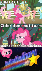 Size: 280x474 | Tagged: safe, edit, edited screencap, screencap, fluttershy, pinkie pie, earth pony, pegasus, pony, the super speedy cider squeezy 6000, alcohol, apple tree, bipedal, caption, cider, hard cider, image macro, meme, tankard, text, the more you know, tree