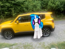 Size: 4032x3024 | Tagged: safe, photographer:undeadponysoldier, dj pon-3, vinyl scratch, pony, unicorn, augmented reality, car, female, gameloft, irl, jeep, jeep renegade, mare, photo, ponies in real life, solo, tree, vinyl's glasses