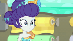 Size: 998x561 | Tagged: safe, screencap, applejack, rarity, equestria girls, equestria girls series, rollercoaster of friendship, alternate hairstyle, animated, bare shoulders, carousel dress, cute, female, geode of super strength, gif, photo booth (song), raribetes, shipping fuel, weapons-grade cute