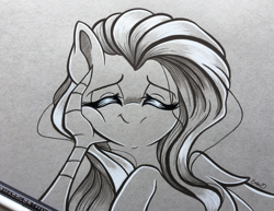 Size: 3833x2958 | Tagged: safe, artist:emberslament, discord, fluttershy, pegasus, pony, the beginning of the end, blushing, bust, colored pencil drawing, cute, eyes closed, female, full face view, male, mare, monochrome, offscreen character, scene interpretation, shyabetes, signature, smiling, squishy cheeks, traditional art