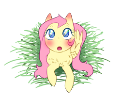 Size: 1222x999 | Tagged: safe, artist:cometsoundfirenote, fluttershy, pegasus, pony, the cutie mark chronicles, amazed, blushing, chest fluff, cute, eye reflection, female, folded wings, full face view, grass, looking up, mare, open mouth, prone, rainbow, reflection, scene interpretation, shyabetes, simple background, solo, transparent background, weapons-grade cute, wings