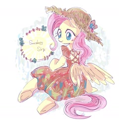 Size: 1915x1994 | Tagged: safe, artist:osawari64, fluttershy, pegasus, pony, semi-anthro, butt wings, clothes, cute, dress, female, hat, head turn, mare, sitting, smiling, solo, straw hat, sundress, wings