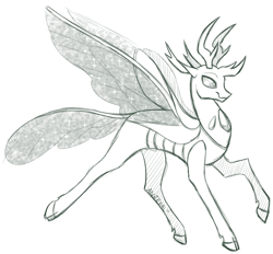 Size: 1568x1455 | Tagged: safe, artist:anjevalart, pharynx, changedling, changeling, cloven hooves, grayscale, looking at you, monochrome, prince pharynx, raised hoof, simple background, smiling, solo, spread wings, white background, wings