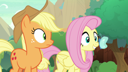 Size: 1920x1080 | Tagged: safe, screencap, applejack, fluttershy, butterfly, earth pony, pegasus, pony, sounds of silence, boop, butterfly on nose, cute, duo, female, insect on nose, mare, shyabetes, smiling