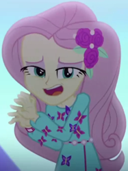 Size: 722x965 | Tagged: safe, screencap, fluttershy, better together, choose your own ending, equestria girls, the last drop, the last drop: fluttershy, clothes, cropped, dress, female, flower, hairclip, lidded eyes, long sleeves, outdoors, rawr, rose, solo, waistband