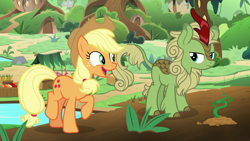 Size: 1920x1080 | Tagged: safe, screencap, applejack, forest fall, earth pony, kirin, pony, sounds of silence, background kirin, cute, duo, female, jackabetes, kirin village, mare