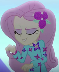 Size: 776x951 | Tagged: safe, screencap, fluttershy, better together, choose your own ending, equestria girls, the last drop, the last drop: fluttershy, clothes, cropped, cute, dress, eyes closed, female, flower, geode of fauna, hairclip, jewelry, long sleeves, magical geodes, rose, shyabetes, smiling, solo, waistband, wristband