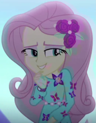 Size: 755x969 | Tagged: safe, screencap, fluttershy, better together, choose your own ending, equestria girls, the last drop, the last drop: fluttershy, clothes, cropped, cute, dress, female, flower, geode of fauna, hairclip, jewelry, lidded eyes, long sleeves, magical geodes, outdoors, rose, shyabetes, smiling, solo, waistband, wristband