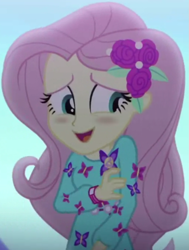 Size: 735x970 | Tagged: safe, screencap, fluttershy, butterfly, better together, choose your own ending, equestria girls, the last drop, the last drop: fluttershy, blushing, clothes, cropped, cute, dress, female, flower, geode of fauna, giggling, hairclip, jewelry, long sleeves, looking away, magical geodes, outdoors, rose, shyabetes, smiling, solo, waistband