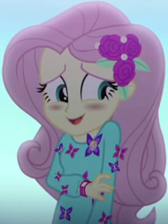 Size: 734x974 | Tagged: safe, screencap, fluttershy, butterfly, better together, choose your own ending, equestria girls, the last drop, the last drop: fluttershy, blushing, clothes, cropped, cute, dress, female, flower, geode of fauna, giggling, hairclip, jewelry, long sleeves, magical geodes, open mouth, outdoors, rose, shyabetes, smiling