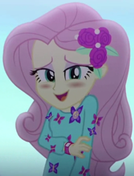 Size: 746x978 | Tagged: safe, screencap, fluttershy, butterfly, better together, choose your own ending, equestria girls, the last drop, the last drop: fluttershy, blushing, clothes, cropped, cute, dress, female, flower, geode of fauna, giggling, hairclip, jewelry, lidded eyes, long sleeves, magical geodes, outdoors, rose, shyabetes, smiling, solo, wristband