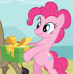 Size: 913x937 | Tagged: safe, screencap, pinkie pie, earth pony, pony, a friend in deed, bipedal, cropped, female, mare, offscreen character, present, smiling, solo focus