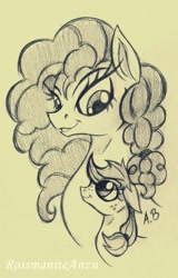 Size: 987x1541 | Tagged: safe, artist:rossmaniteanzu, applejack, pear butter, earth pony, pony, female, monochrome, mother, mother and child, mother and daughter, parent and child, pencil drawing, traditional art