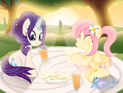 Size: 8000x6000 | Tagged: safe, artist:nightmaremoons, fluttershy, rarity, pegasus, pony, unicorn, alternate hairstyle, cute, female, flarity, flower, flower in hair, food, friendshipping, juice, lesbian, picnic, raribetes, sandwich, shipping, shyabetes, sunset, tree