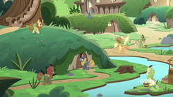 Size: 1334x750 | Tagged: safe, screencap, applejack, autumn afternoon, forest fall, maple brown, sparkling brook, spring glow, winter flame, earth pony, kirin, pony, sounds of silence, background kirin, female, green grove, kirin village, male, mare, sneezing, tree stump