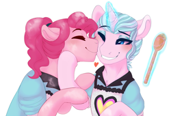 Size: 3137x2137 | Tagged: safe, artist:miamaha, pinkie pie, earth pony, pony, unicorn, coinky-dink world, eqg summertime shorts, alternate universe, clothes, cute, equestria girls ponified, eyes closed, female, glowing horn, lesbian, mare, ponified, shipping, smiling, sunny sugarsocks, sunnypie