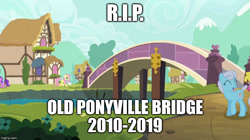 Size: 888x499 | Tagged: safe, edit, edited screencap, screencap, amethyst star, angel bunny, cherry berry, fluttershy, linky, shoeshine, sparkler, earth pony, pegasus, pony, between dark and dawn, bridge, female, mare, ponyville, rest in peace